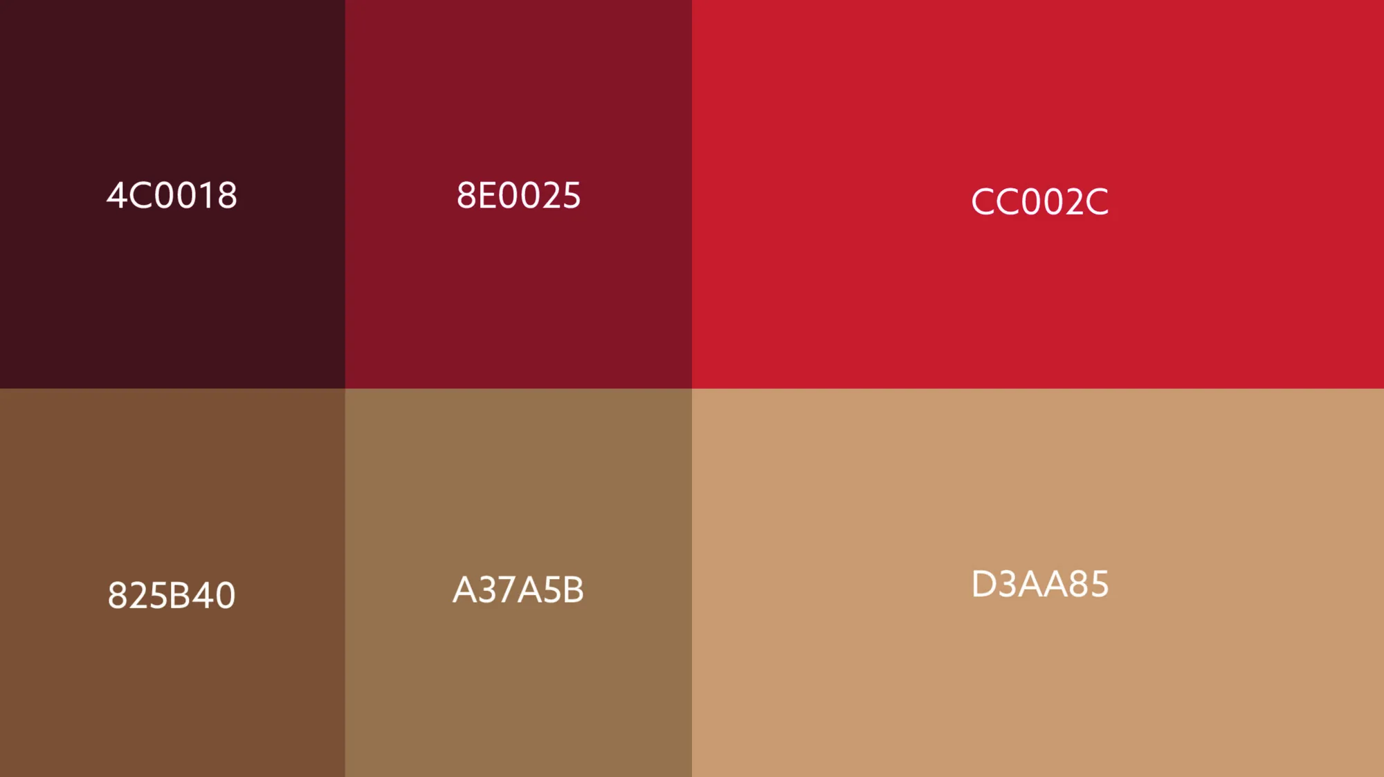 Colour palette: three reds and three tans with their hex values