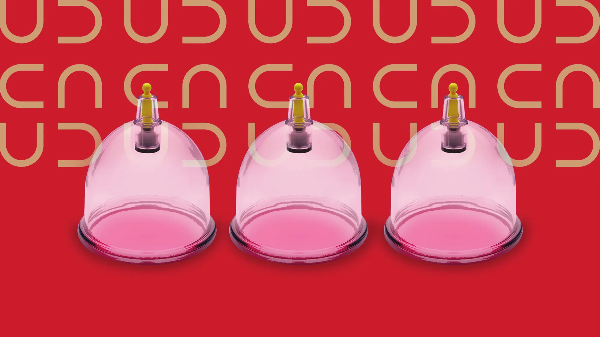 Three cupping cups in front of the tan pattern on a red background